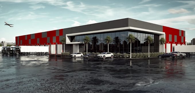 visualize warehouse exterior,loading dock space,3dcgi retail,factory walkthrough