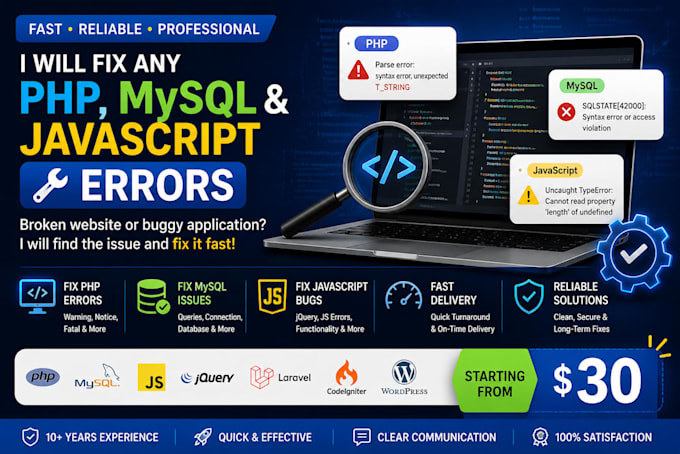 fix PHP, mysql, javascript and website errors