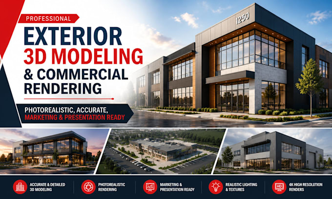 do exterior 3d modeling and commercial architectural rendering for buildings
