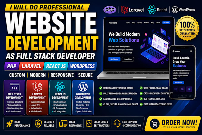 do website development as full stack developer, PHP laravel developer, react js