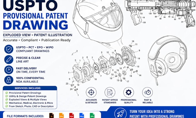 prepare uspto provisional patent drawing, exploded view, patent illustration