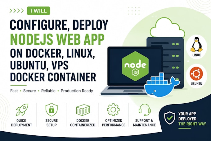 configure, deploy nodejs web app on docker, linux, ubuntu, vps docker container