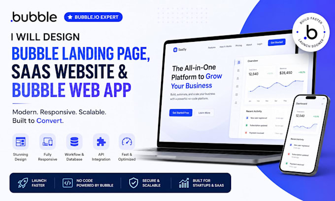 design bubble landing page, saas website and bubble web app