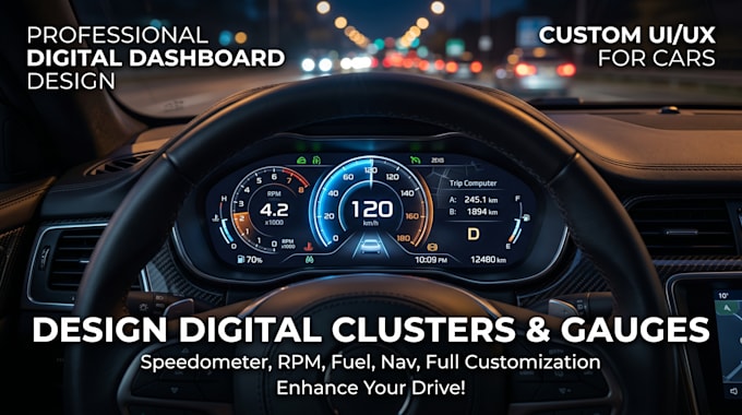 design car dashboard digital cluster with speedometer and gauges