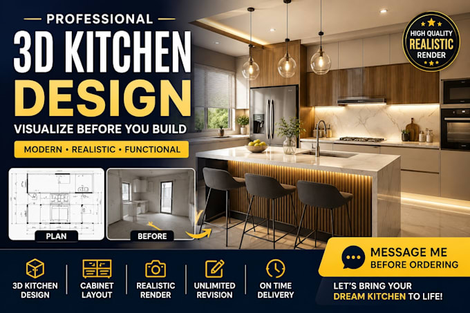 create professional 3d kitchen design cabinet layout and photorealistic render