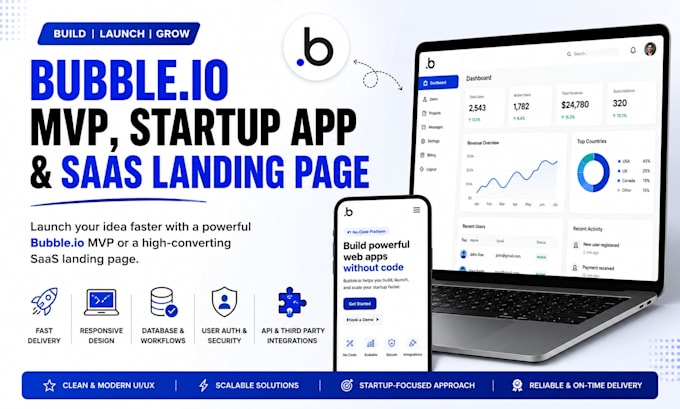 create bubble io mvp, startup app and saas landing page
