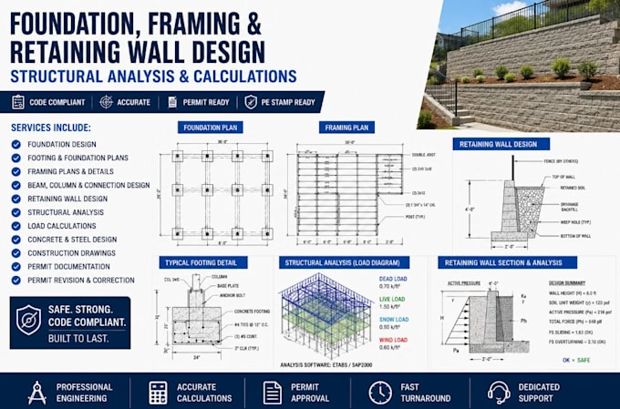 prepare foundation framing and retaining wall design structural analysis calcs