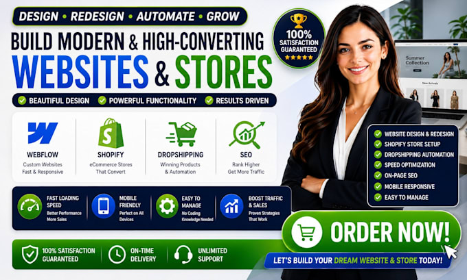 build webflow shopify website design redesign store dropshipping automation seo