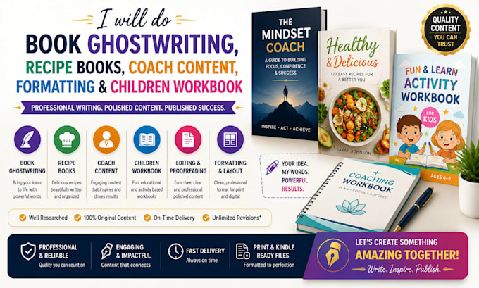 do book ghostwriting recipe coach content formatting children workbook editing