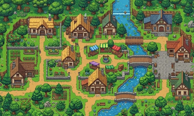 create 2d top down pixel art tileset, rpg game map tilemap, game assets