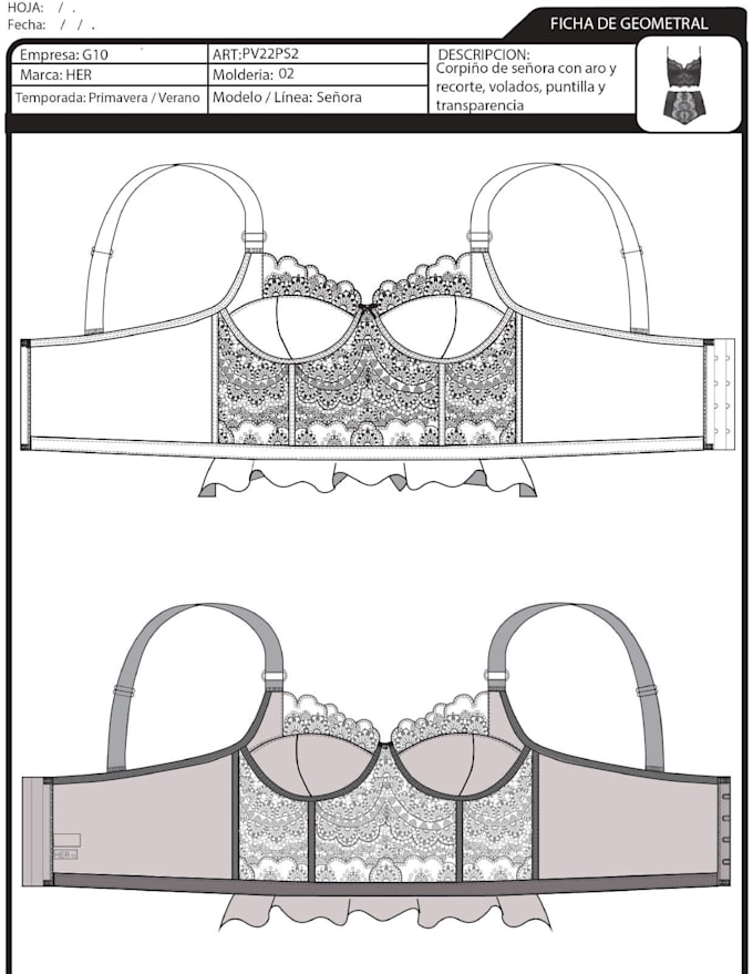 create professional technical sheets for lingerie products