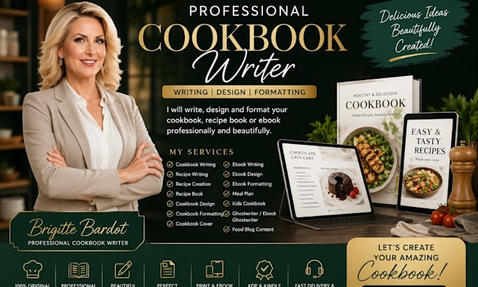 design a professional cookbook with recipes, and formatting