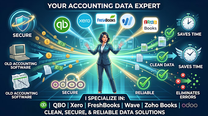 setup data migration integration quickbooks, xero, freshbooks, zoho book