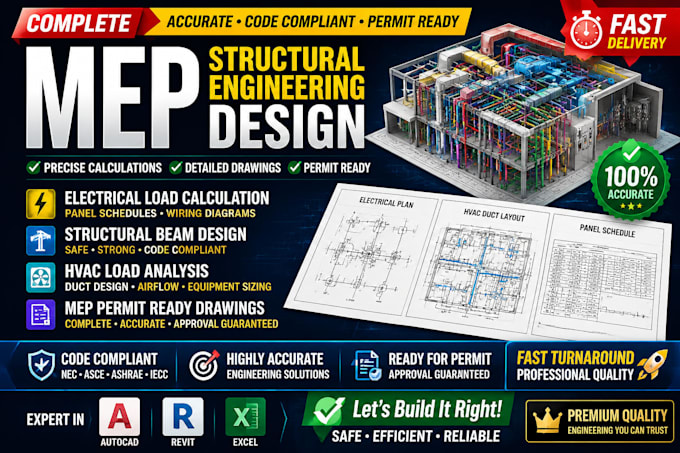 electrical load calculation, structural beam design, hvac analysis, mep drawing