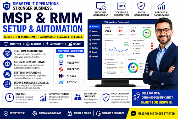 setup msp rmm and IT management system atera pulseway superops n able action one