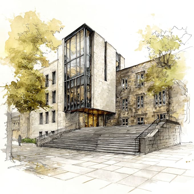 Sketch architecture building with watercolor rendering by Leonrdh | Fiverr