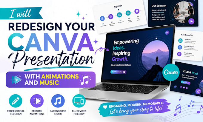 redesign your canva presentation with animations and music