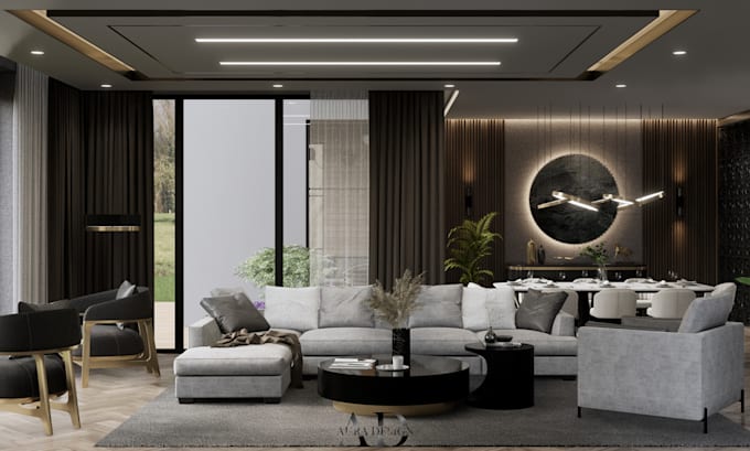 do 3d renders of living room, kitchen, and dining room