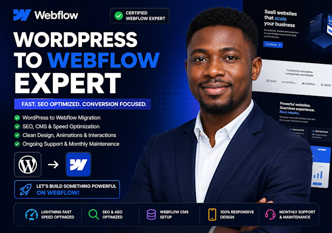 convert migrate your slow saas wordpress website to webflow with SEO, cms setup