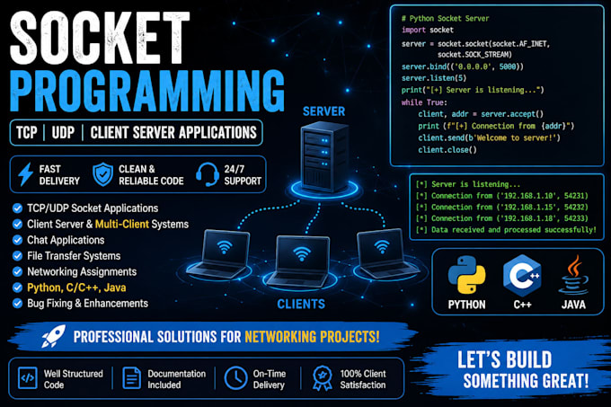 do socket programming projects in python cpp or java