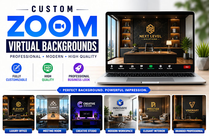 design realistic zoom virtual background, office mockup, google meet with logo