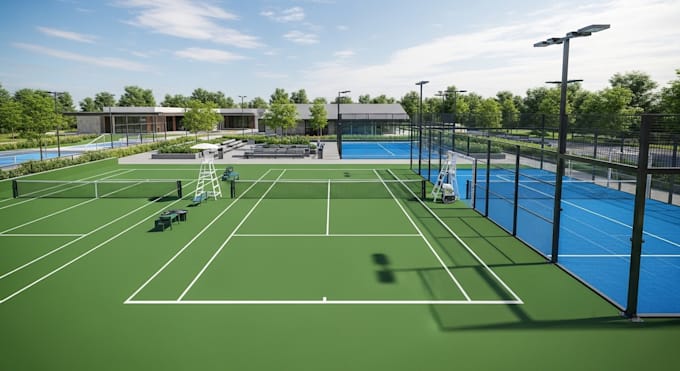 design 3d sport complex, 3d padel court, stadium design, 3d rendering