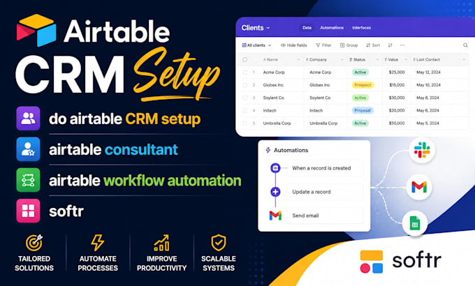 do airtable CRM setup, airtable consultant, airtable workflow automation, softr