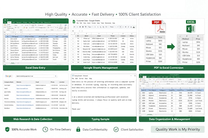 excel, typing, and data entry work