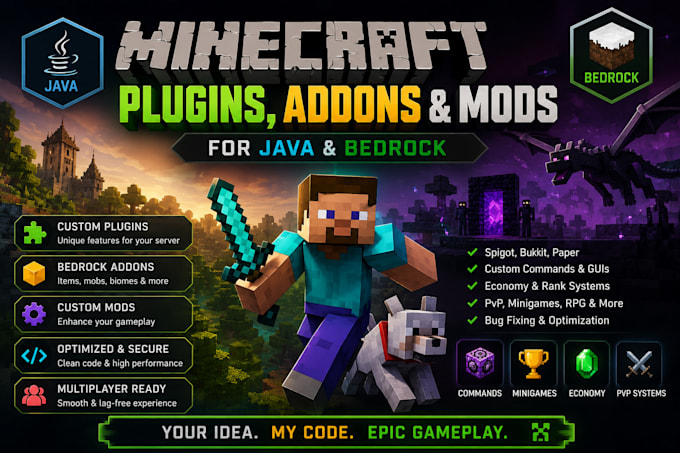 develop minecraft plugins addon and mods for java bedrock