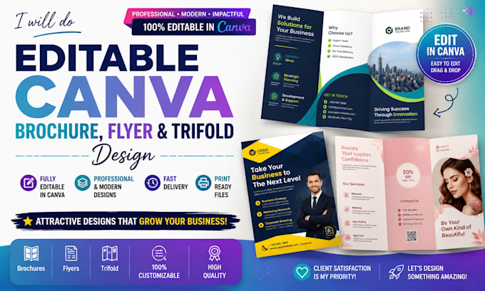 do editable canva brochure, canva flyer, canva trifold design