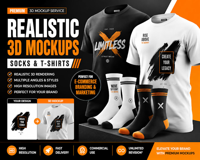 make realistic 3d mockups for socks and t shirt brands
