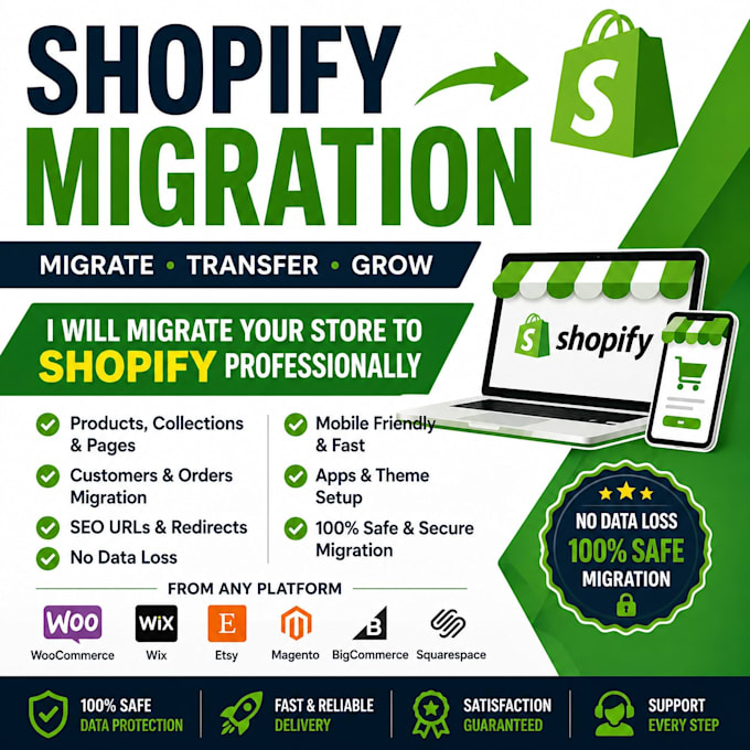 migrate woocommerce, wix, or etsy store to shopify