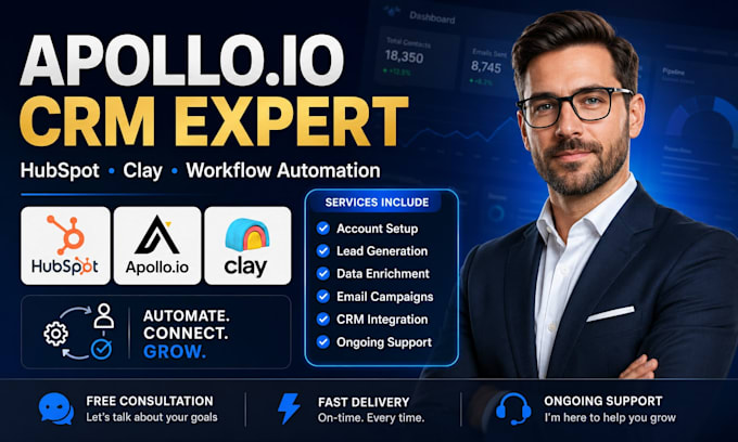 setup apollo io sequences, clay com, hubspot CRM workflow and automation