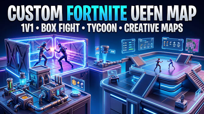 design custom fortnite uefn map, tycoon map, creative 1v1 box fight map