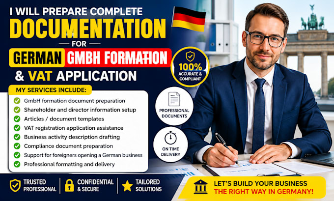 prepare complete documentation for german gmbh formation, vat application