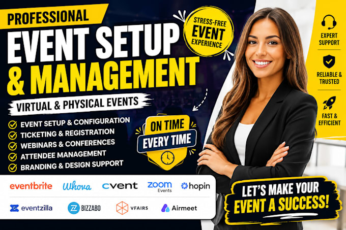 setup and manage webniar on eventbrite whova, eventzilla and cvent virtual event