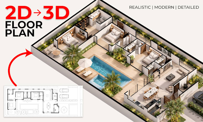 convert your 2d floor plan into a realistic 3d floor plan