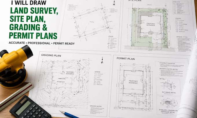 draw land survey, site plan, grading and permit plans