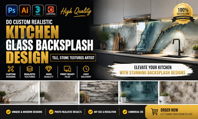 do custom realistic kitchen glass backsplash design, tile, stone textures artist