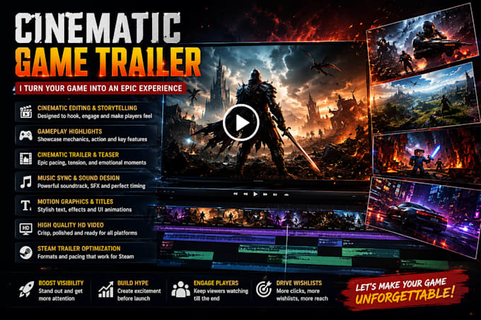 create cinematic game trailer and gameplay promo video, game teaser, game ads