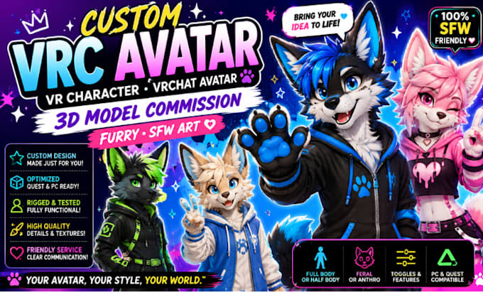 Custom vrc avatar, vr character vrchat avatar 3d model commission furry ...