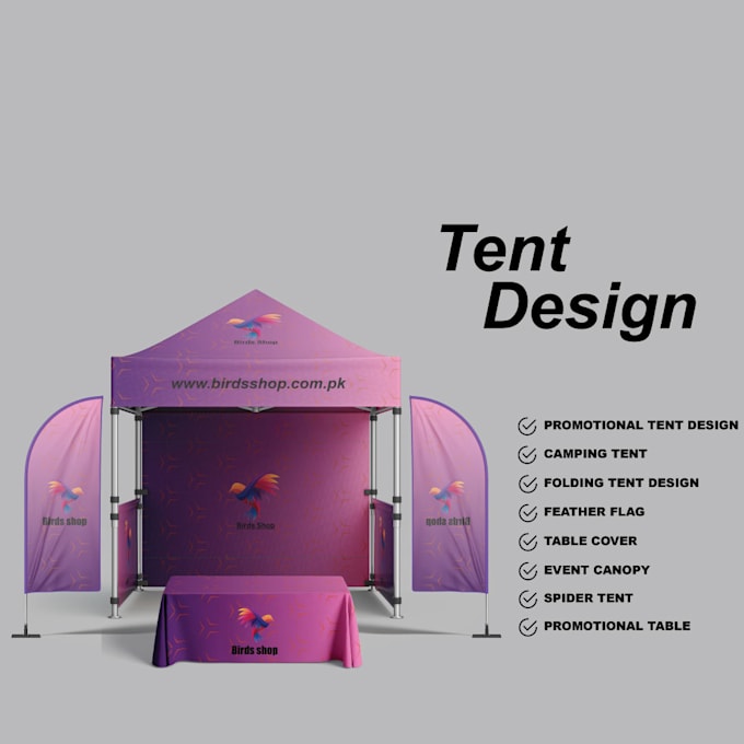 design modern canopy tent, feather flag, table cover, backdrop