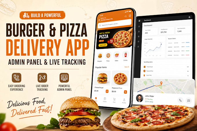 build a intuitive burger and pizza delivery app, admin panel and live tracking