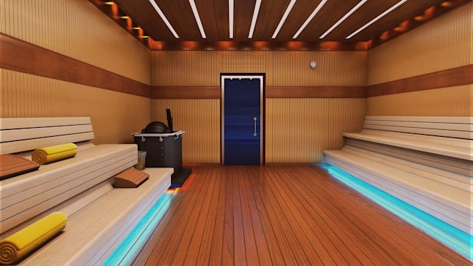 design cgi 3d sauna room, steam room, heat therapy room, wellness center