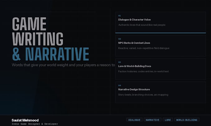 write game dialogue, lore, and narrative design for your indie game