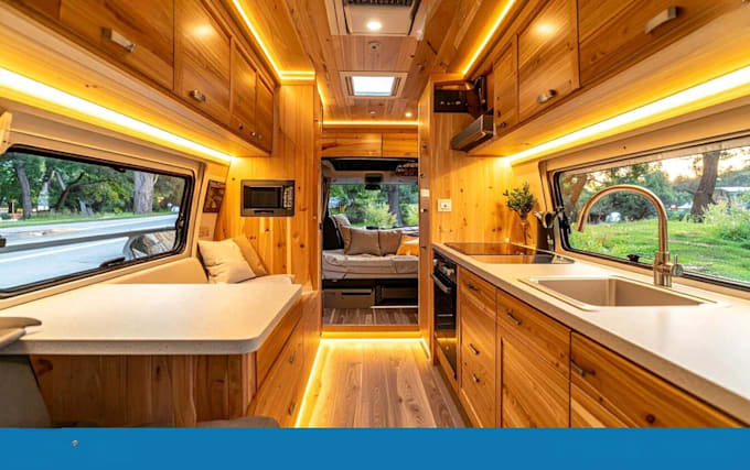 render 3d motorhome rv camper van interior,  luxury mobile home visualization