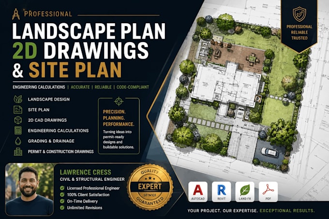 design landscape plan, 2d drawings and site plan,  engineering calculation