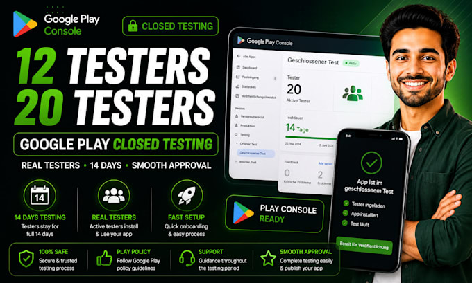 provide 12 testers or 20 testers for 14 days google play console closed testing