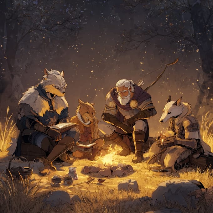 do group party character art, dnd party
