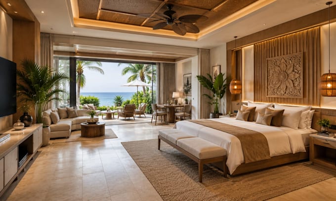 design luxury hotel lobby bedroom resort interior 3d render